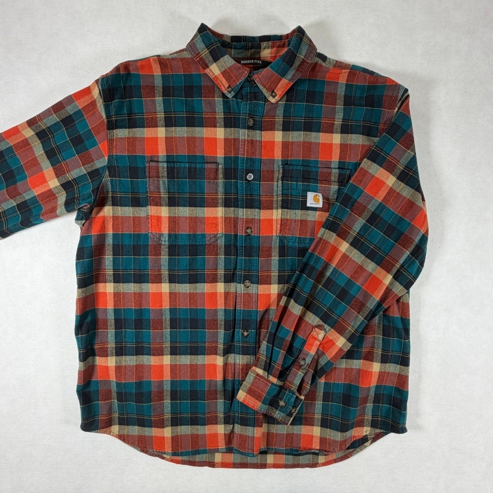 Carhartt Mens XL Rugged Flex Relaxed Fit Flannel Shirt 104909 H25 Orange Plaid